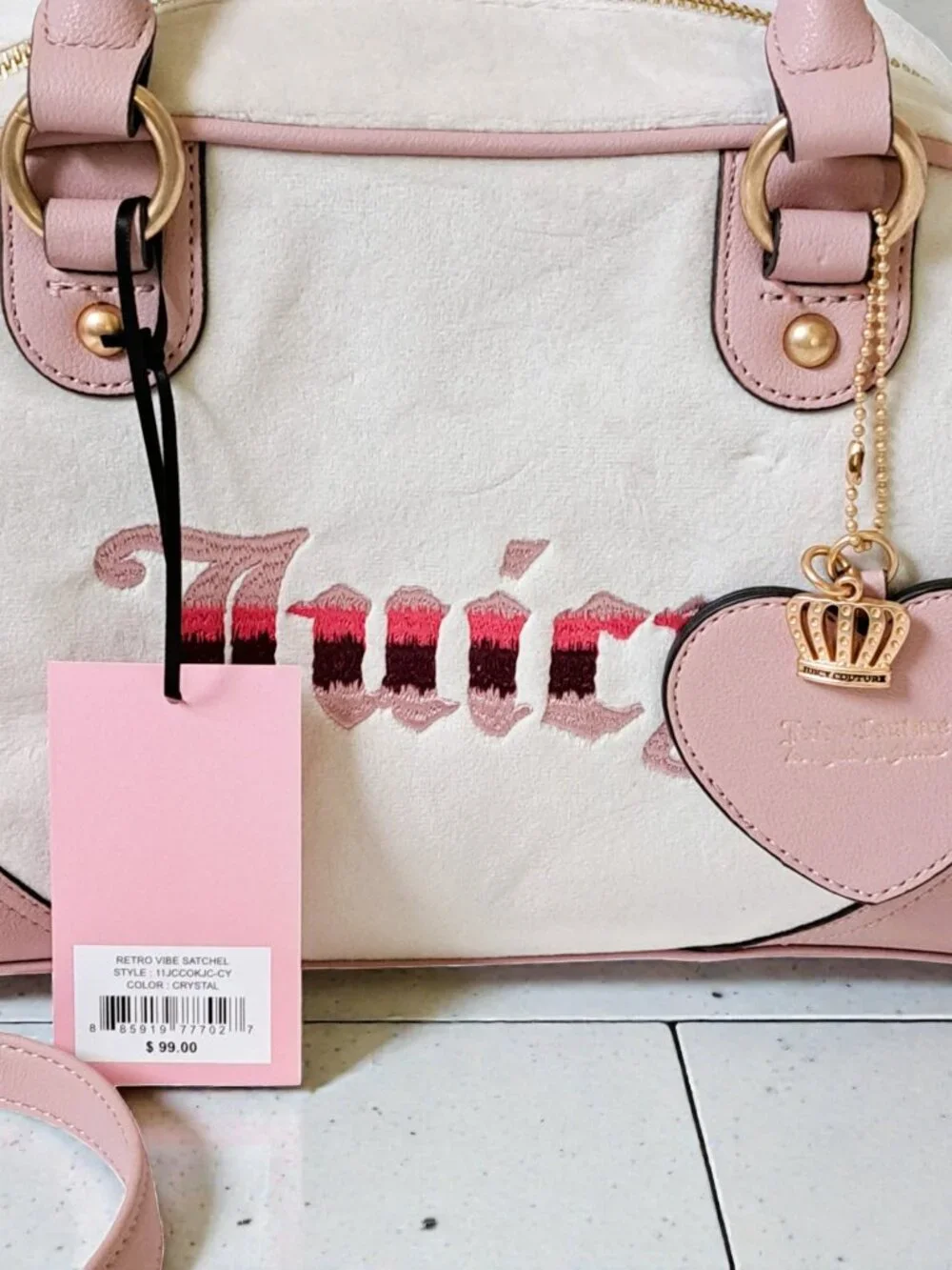 Juicy Couture Retro Vibe Bowler Satchel Pink & Cream Velour Y2K NWT